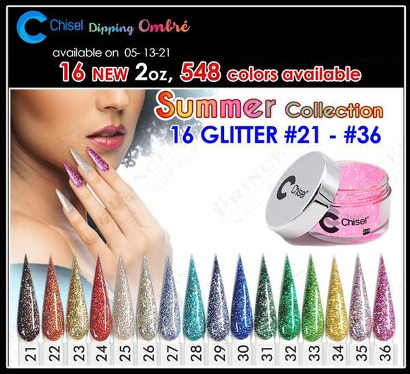 Chisel 2in1 Acrylic/Dipping Powder (GLITTER), Summer Collection, Full Line Of 16 Colors (From GL21 To GL36), 2oz